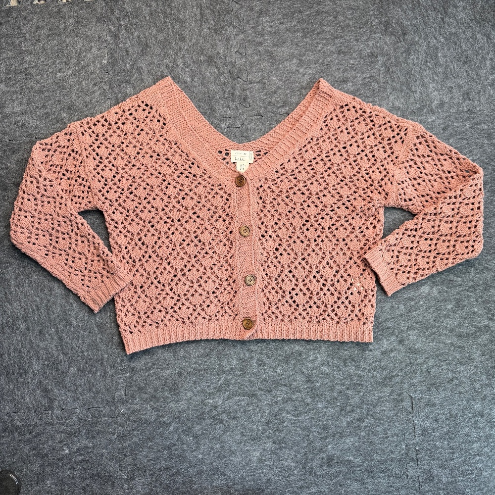 Nicole Miller Artelier Open Knit Cardigan Sweater M Dusty Rose Pink Crocheted